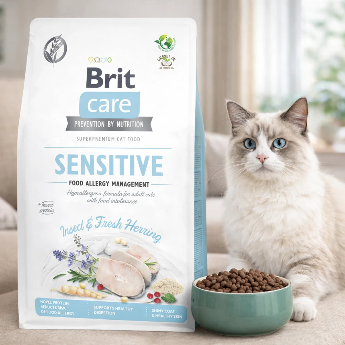 Сухий корм для котів Brit Care Sensitive - комахи та оселедець, промофото - pawow.com.ua