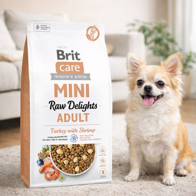 Сухий корм для собак Brit Care Mini Raw Delights Adult - індичка та креветка, промофото - pawow.com.ua