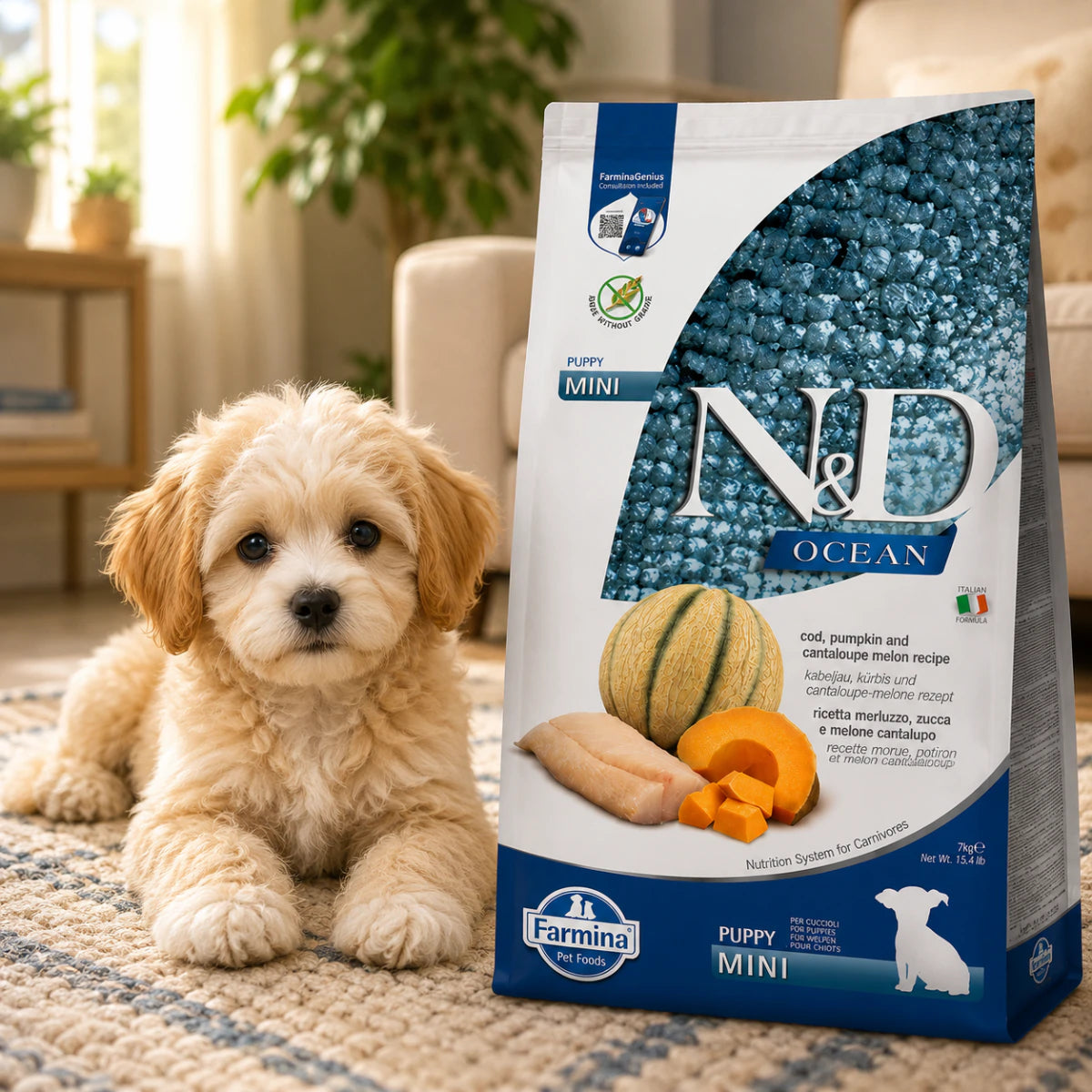 Беззерновий сухий корм Farmina N&D Grain Free Ocean Pumpkin для цуценят дрібних порід з тріскою та динею, промофото - pawow.com.ua