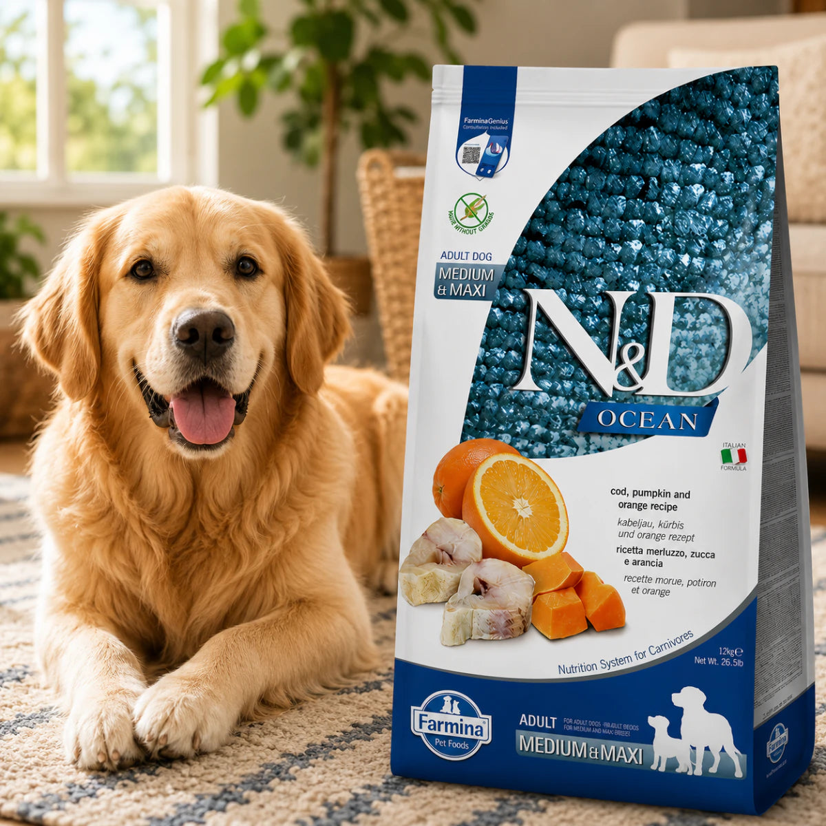 Беззерновий сухий корм Farmina N&D Grain Free Ocean Pumpkin для собак середніх і великих порід з тріскою та апельсином, промофото - pawow.com.ua
