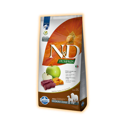 Фарміна дог сух N&D Grain Free PUMPKIN DOG VENISON & APPLE ADULT MEDIUM & MAXI з олениною та яблуком, 12 кг - pawow.com.ua