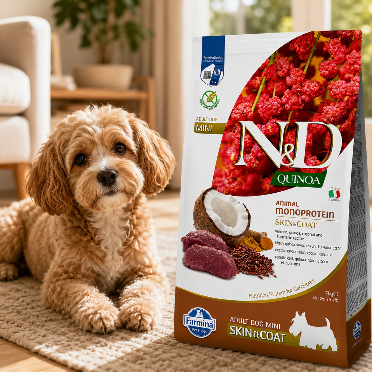 Фарміна дог сухий N&D QUINOA DOG SKIN & COAT, VENISON & COCONUT ADULT MEDIUM MAXI з олениною та кокосом, промофото - pawow.com.ua