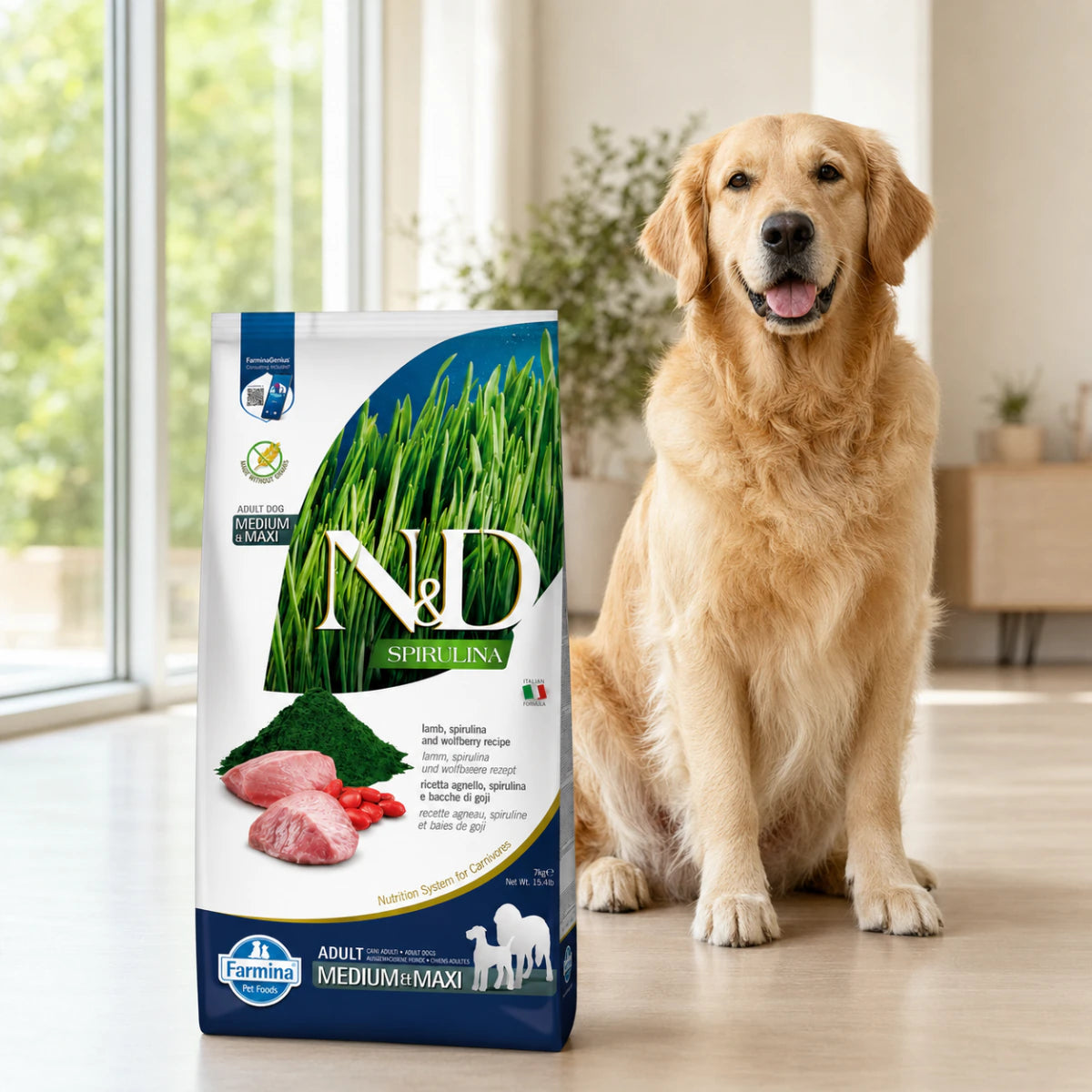 Сухий беззерновий корм Farmina N&D Spirulina для дорослих собак середніх і великих порід з ягням, спіруліною та ягодами годжі, промофото - pawow.com.ua