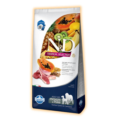 Сухий низькозерновий корм Farmina N&D Tropical Selection для дорослих собак середніх і великих порід з ягням і тропічними фруктами, 10 кг - pawow.com.ua