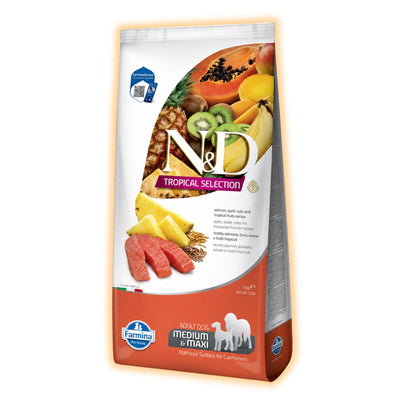 Сухий низькозерновий корм Farmina N&D Tropical Selection для дорослих собак середніх і великих порід з лососем і тропічними фруктами, 10 кг - pawow.com.ua