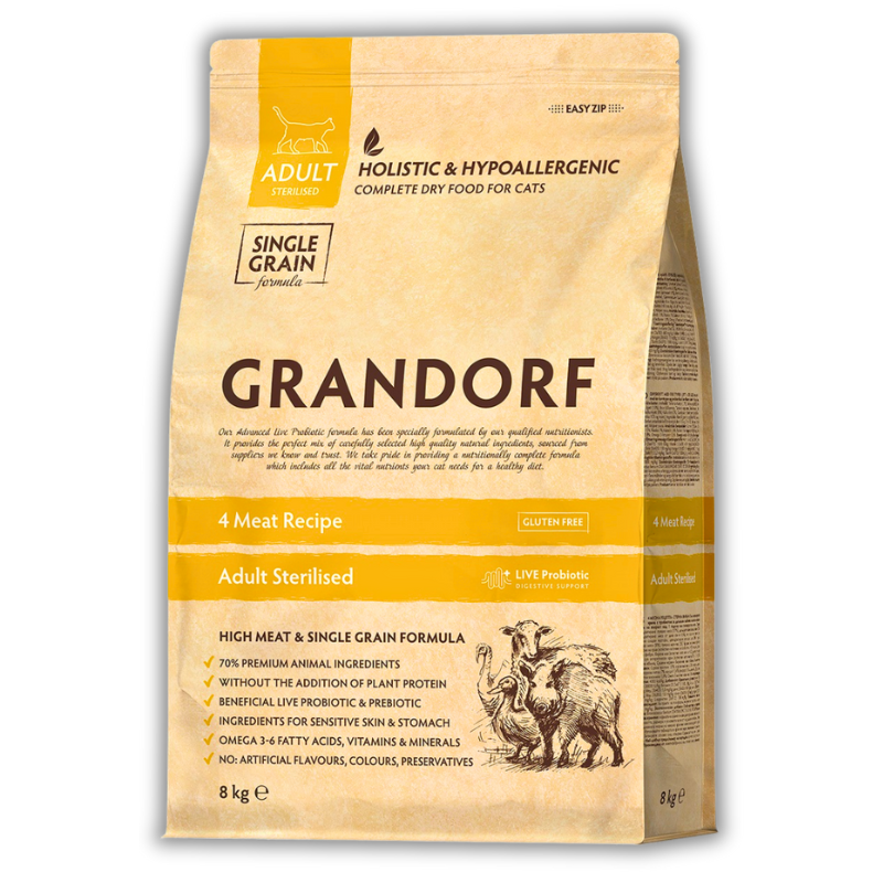 Упаковка сухого корму Grandorf 4 Meat Adult Sterilised Cat All Breeds 8кг