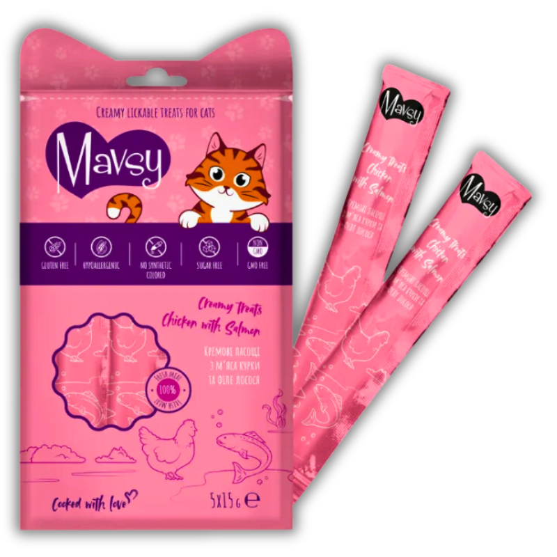 Ласощів Mavsy Creamy Lickable Treats Chicken With Salmon 5шт