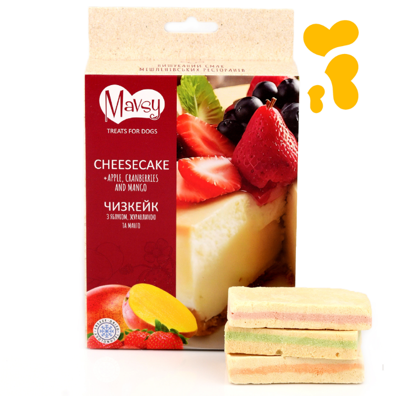Ласощі для собак від 3-х місяців Mavsy Freeze dried CHEESECAKE WITH APPLE, CRANBERRIES AND MANGO чізкейк з яблуком, журавлиною та манго, 50 г
