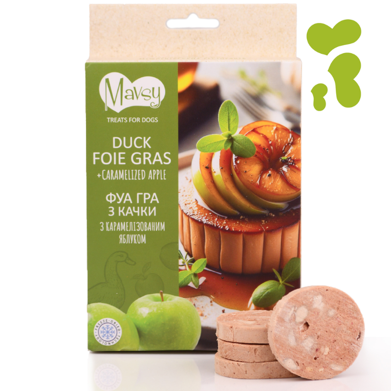 Ласощі для собак від 3-х місяців Mavsy Freeze dried DUCK FOIE GRAS WITH CARAMELIZED APPLE фуа-гра з качки з карамелізованим яблуком, 50 г