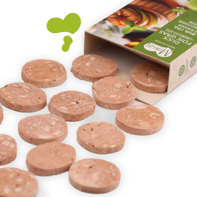 Упаковка ласощів для собак від 3-х місяців Mavsy Freeze dried DUCK FOIE GRAS WITH CARAMELIZED APPLE фуа-гра з качки з карамелізованим яблуком