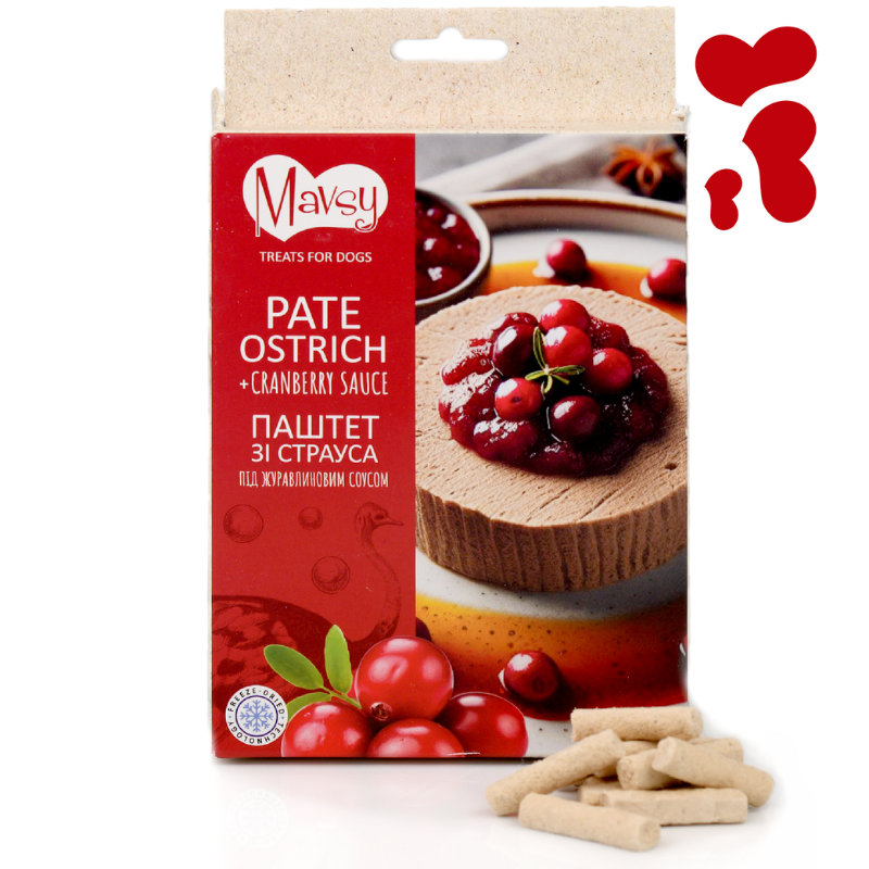 Ласощі для собак від 3-х місяців Mavsy Freeze dried PATE OSTRICH WITH CRANBERRY SAUCE паштет зі страуса під журавлиним соусом, 50 г