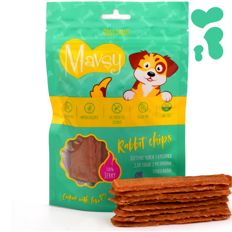 Ласощі дієтичні для собак з чутливим травлення Mavsy RABBIT chips з м'яса кролика, 100 г