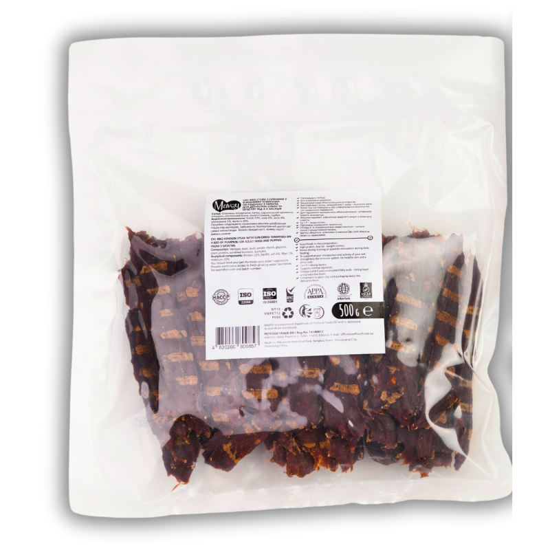 Упаковка ласощів Mavsy Refined Jerky BBQ Venison Steak With Sun-Dried Tomatoes On A Bed Of Pumking 500г
