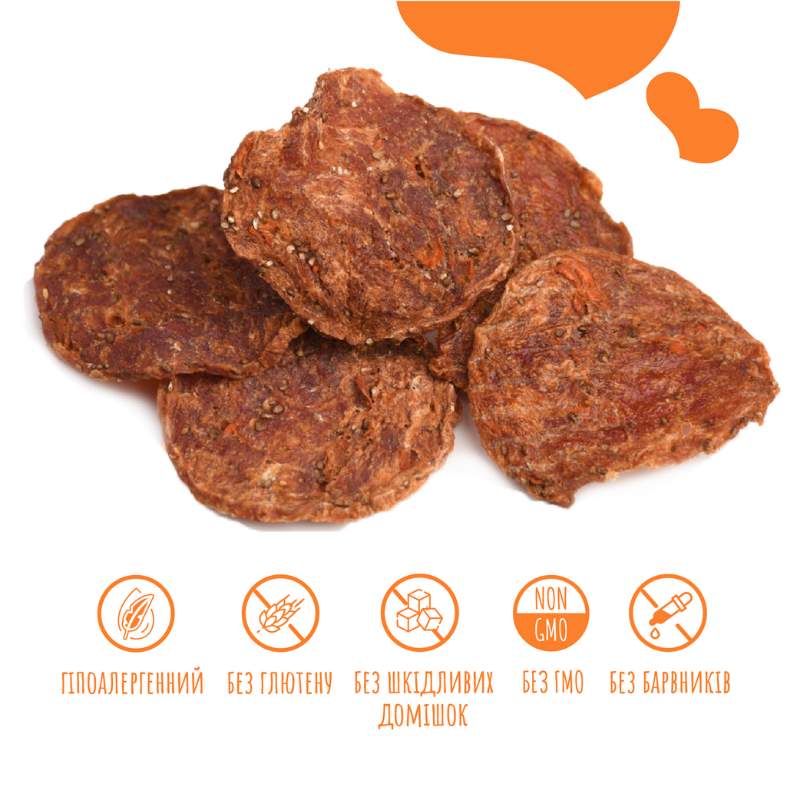 Критерії якості ласощів для собак від 3-х місяців Mavsy Refined jerky DUCK CHIPS WITH CHIA SEEDS AND CARROTS чіпси з качки з насінням чіа та морквою
