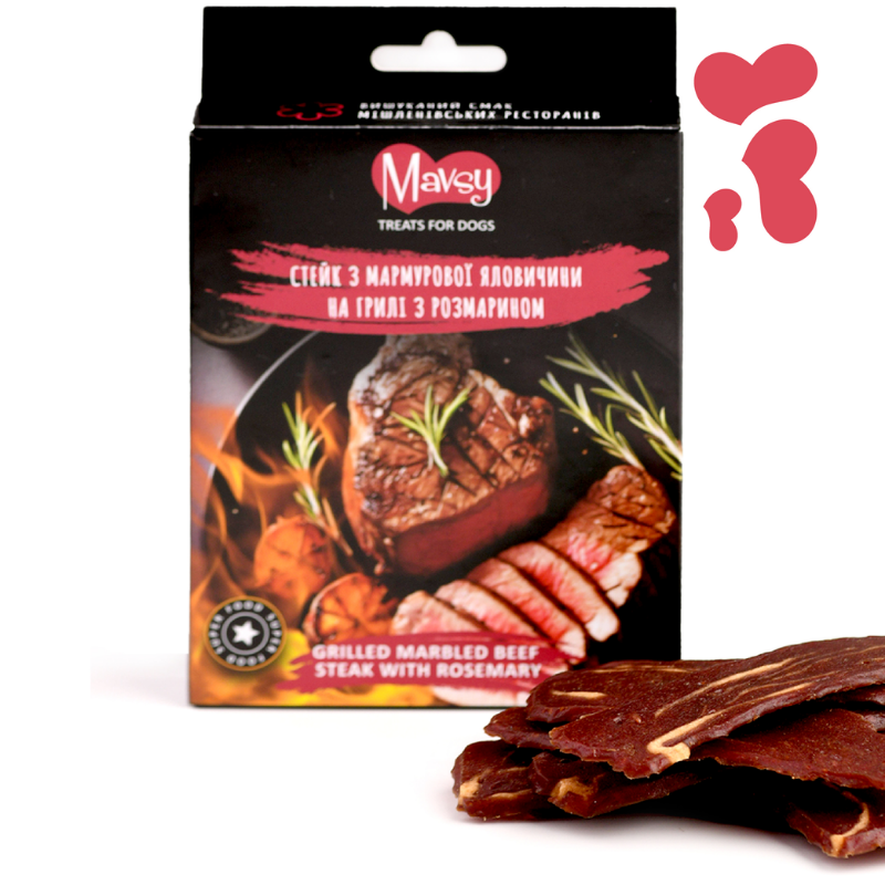 Ласощі для собак від 3-х місяців Mavsy Refined jerky GRILLED MARBLED BEEF STEAK WITH ROSEMARY стейк з мармурової яловичини на грилі з розмарином, 100 г