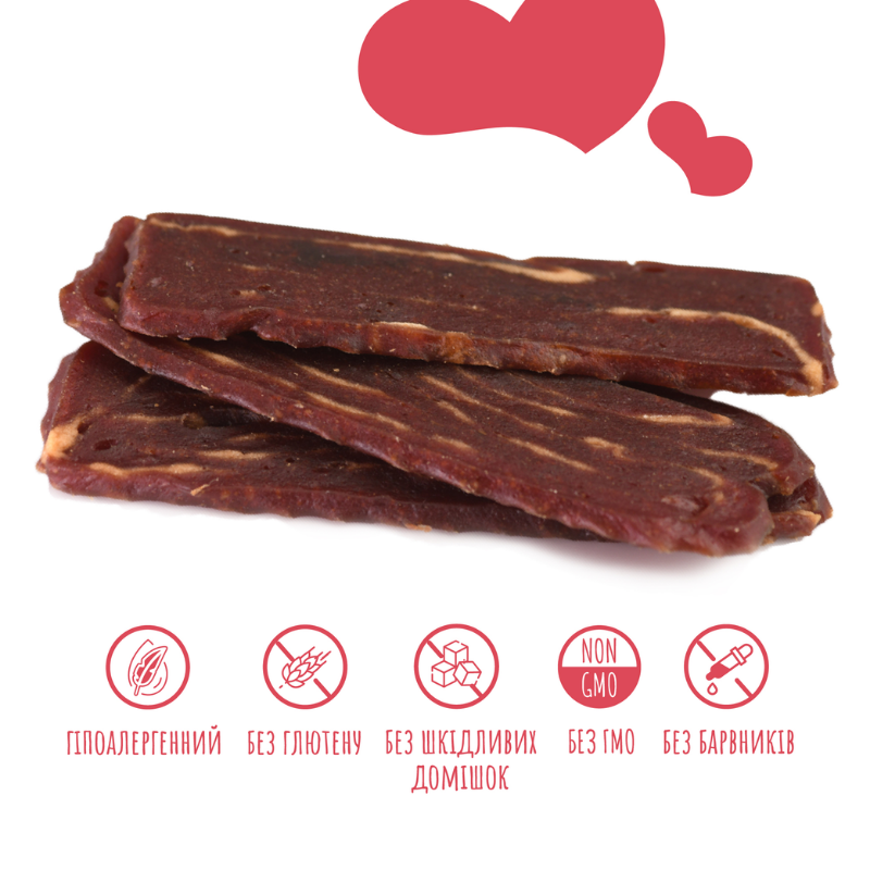 Критерії якості ласощів для собак від 3-х місяців Mavsy Refined jerky GRILLED MARBLED BEEF STEAK WITH ROSEMARY стейк з мармурової яловичини на грилі з розмарином