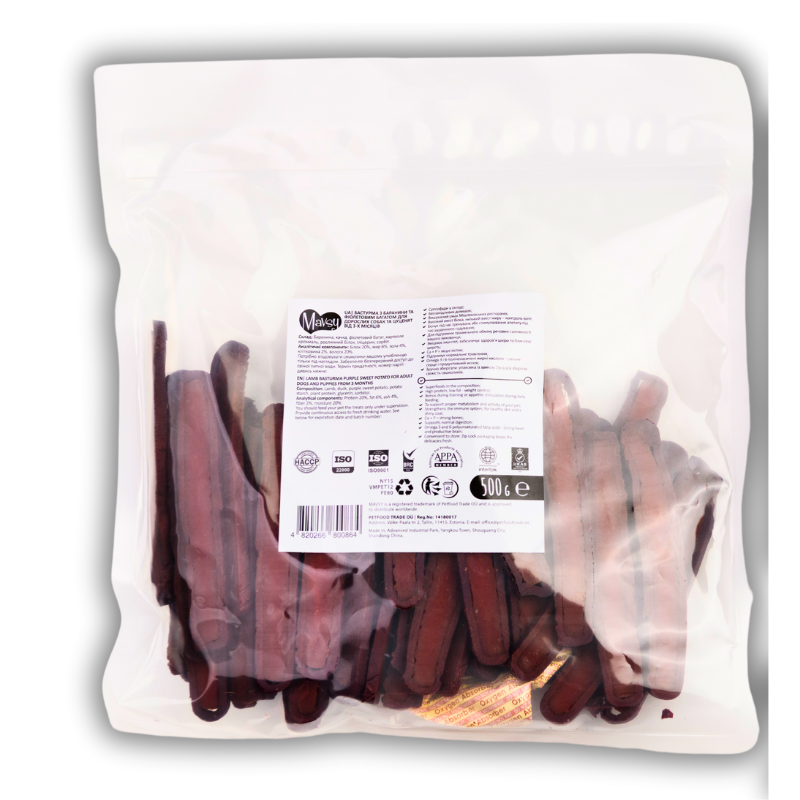 Упаковка ласощів Mavsy Refined Jerky Lamb Basturma With Purple Sweet Potato 500г