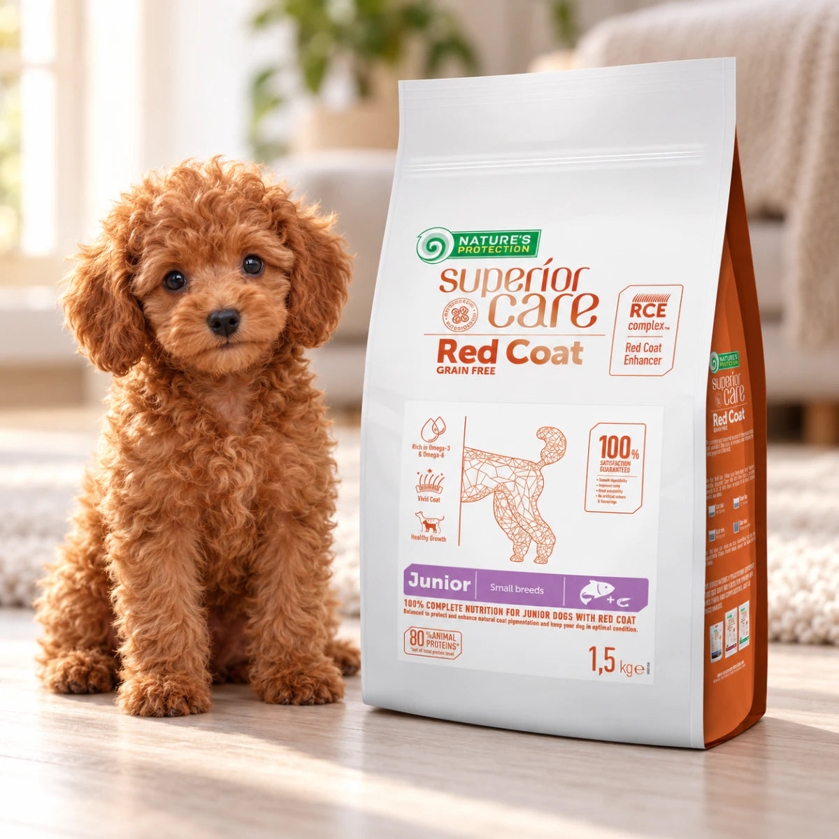 Nature's Protection Superior Care Red Coat Grain Free Salmon Junior Small Breeds Сухий беззерновий корм для юніорів малих порід з рудим забарвленням з лососем, промофото - pawow.com.ua