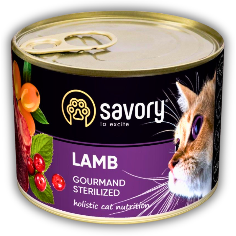 Корм вологий Savory Cat Can Adult Sterilised консерви для стерилізованих котів з ягням 200 г