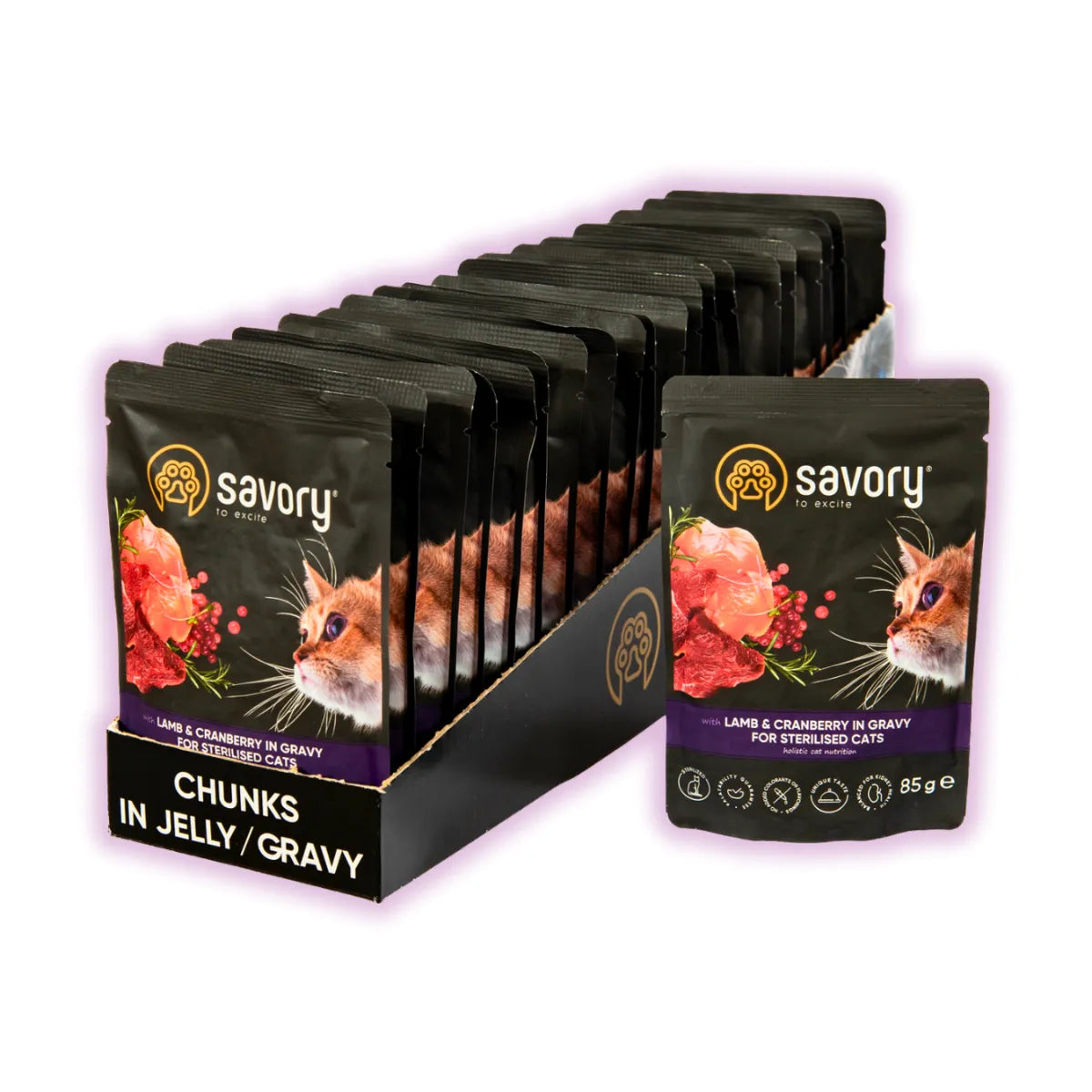 Savory Sterilized упаковка вологого корму для котів 22 шт х 85 г - ягня та журавлина