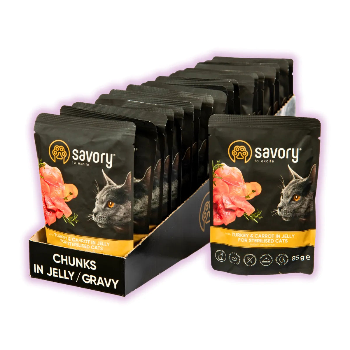Savory Sterilized упаковка вологого корму для котів 22 шт х 85 г - індичка та морква