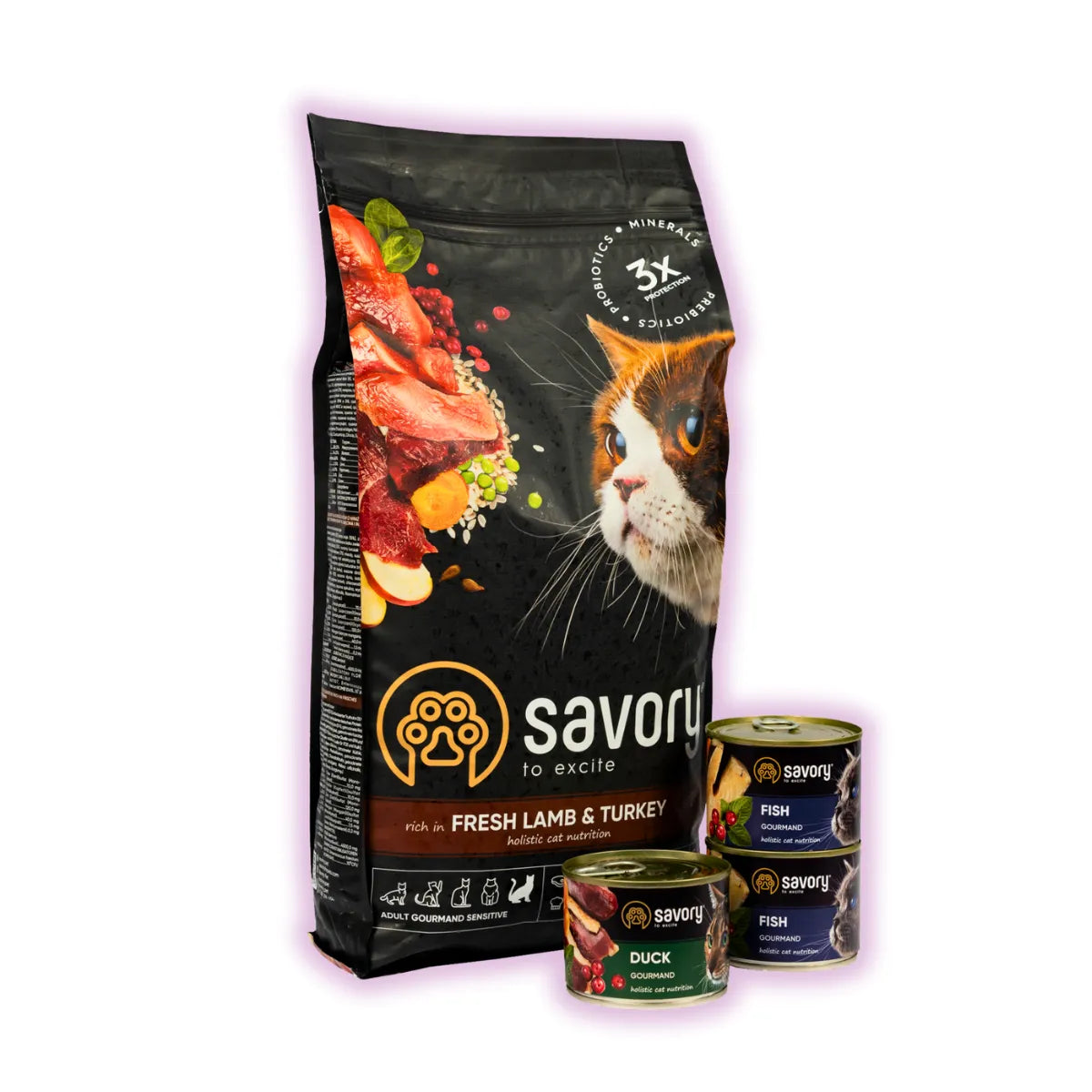 Savory Sensitive набір сухого та вологого корму для котів 2 кг + 600 г - ягня та індичка, качка, риба