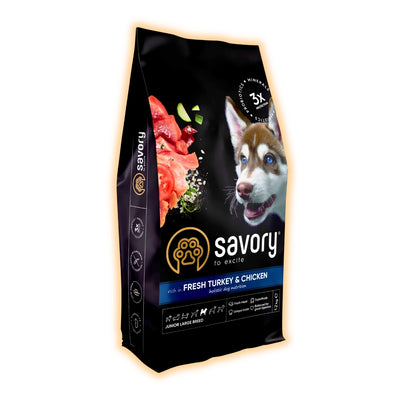 Cухий корм для цуценят Savory Junior Large Breed 12 кг - індичка та курка - pawow.com.ua