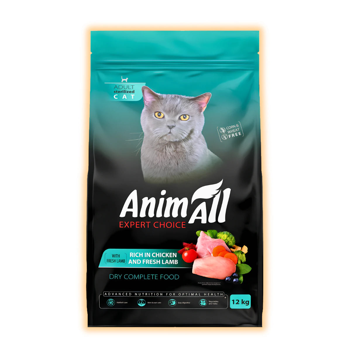 Повнораціонний сухий корм AnimAll для стерілізованих котів, з куркою та свіжою ягнятиною, 12 кг - pawow.com.ua