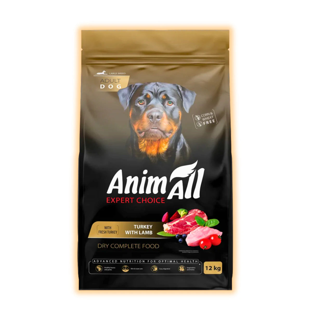 Повнораціонний сухий корм AnimAll для дорослих собак великих порід, зі свіжою індичкою та ягням, 12 кг - pawow.com.ua