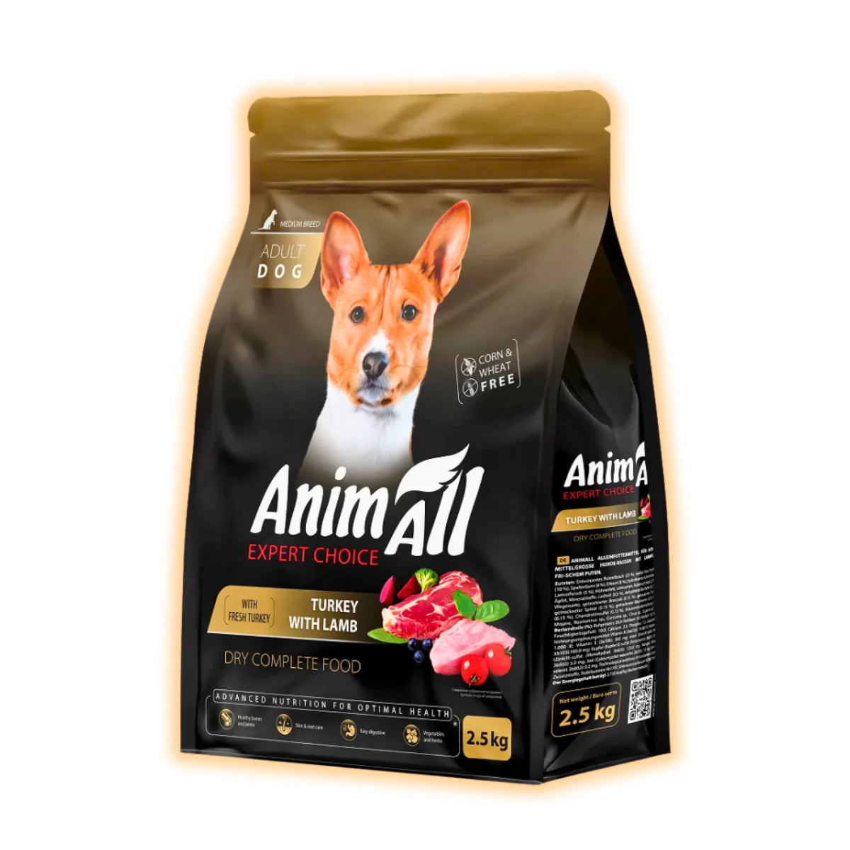 Повнораціонний сухий AnimAll для дорослих собак середніх порід, зі свіжою індичкою та ягням, 2.5 кг - pawow.com.ua