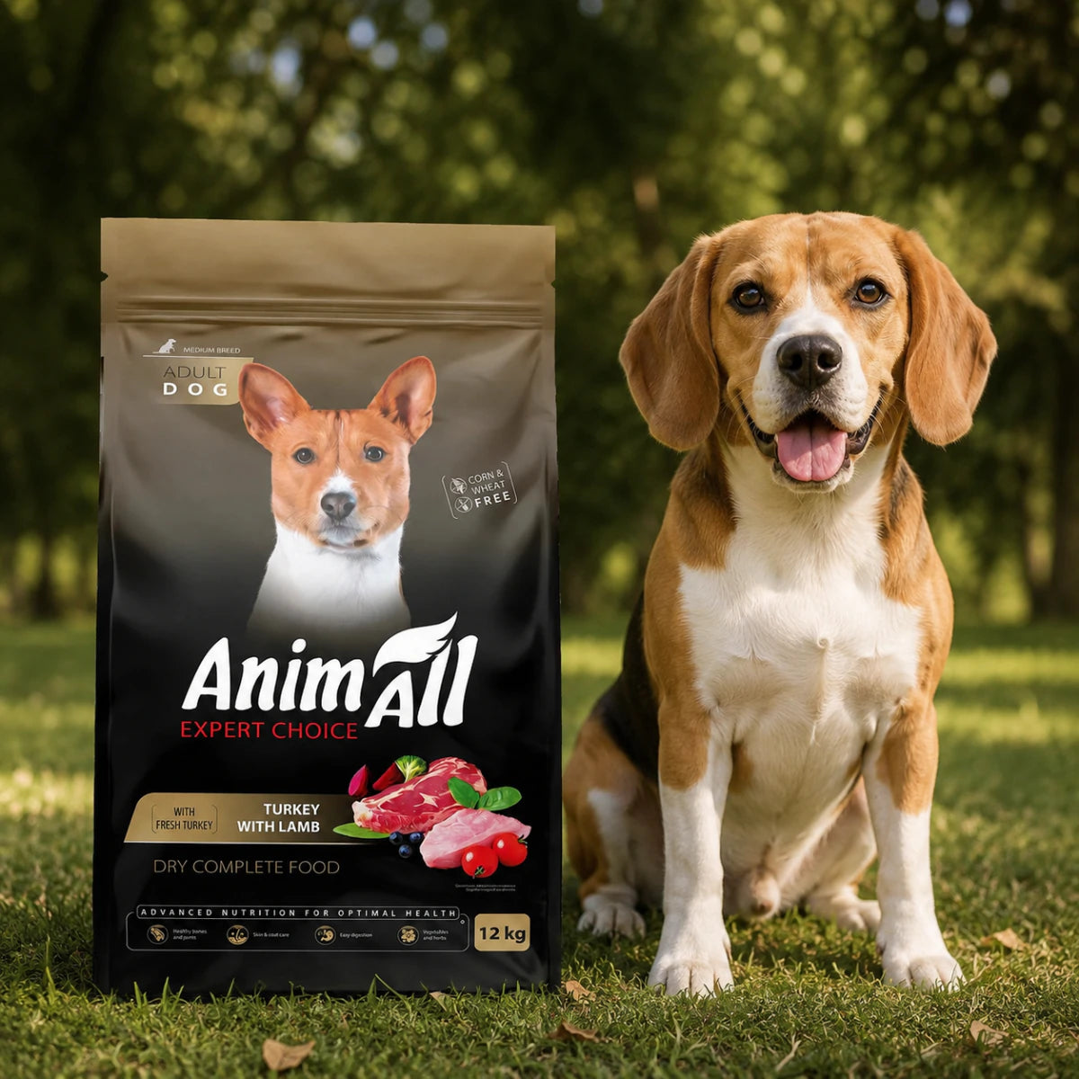 Повнораціонний сухий AnimAll для дорослих собак середніх порід, зі свіжою індичкою та ягням, промофото - pawow.com.ua