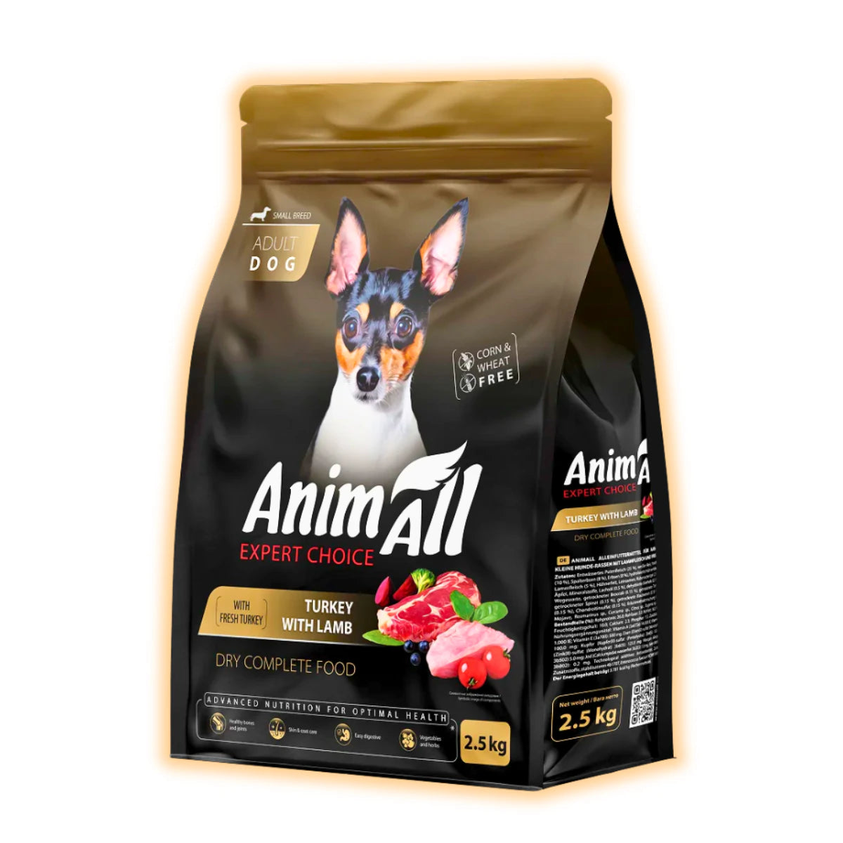 Повнораціонний сухий AnimAll для дорослих собак дрібних порід зі свіжою індичкою та ягням, 2.5 кг - pawow.com.ua