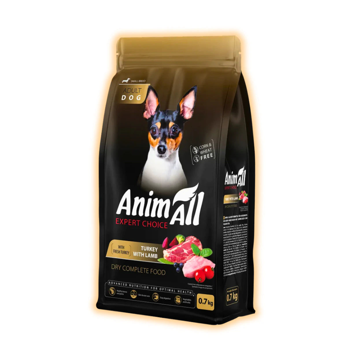 Повнораціонний сухий AnimAll для дорослих собак дрібних порід зі свіжою індичкою та ягням, 700 г - pawow.com.ua