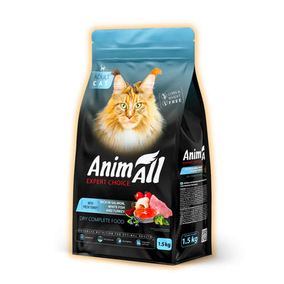 Повнораціонний сухий корм AnimAll для дорослих котів, з лососем, білою рибою та свіжою індичкою, 1.5 кг - pawow.com.ua