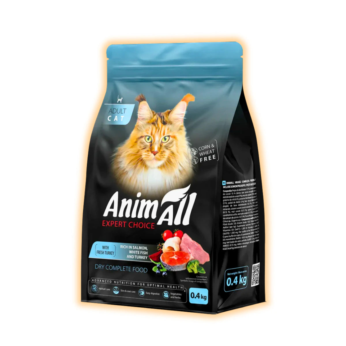 Повнораціонний сухий корм AnimAll для дорослих котів, з лососем, білою рибою та свіжою індичкою, 400 г - pawow.com.ua