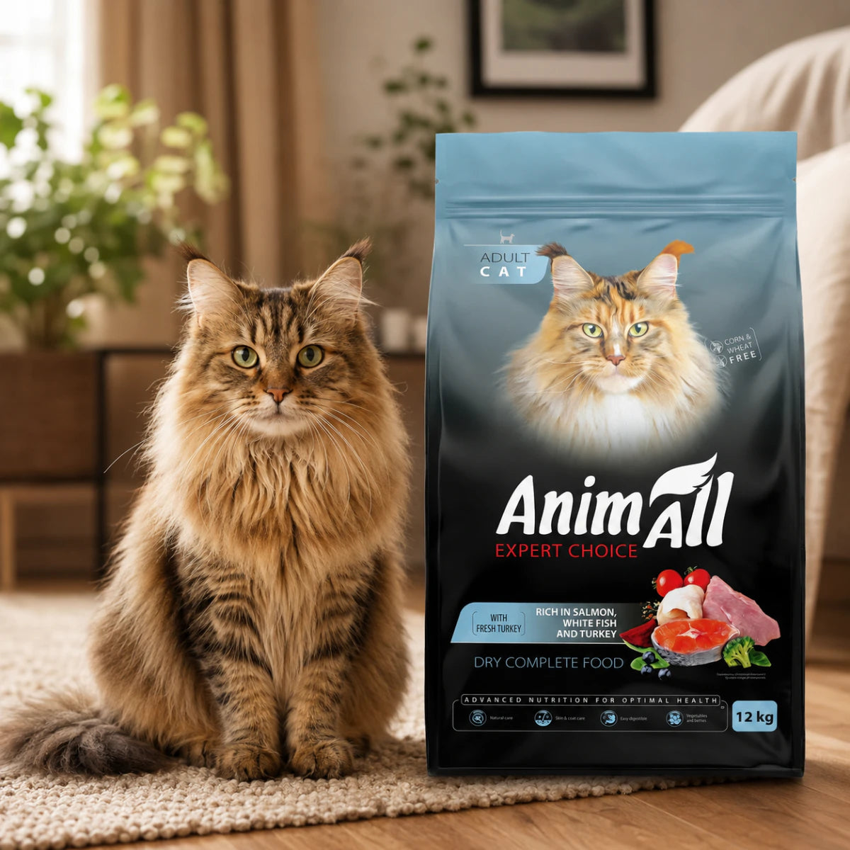 Повнораціонний сухий корм AnimAll для дорослих котів, з лососем, білою рибою та свіжою індичкою, промофото - pawow.com.ua