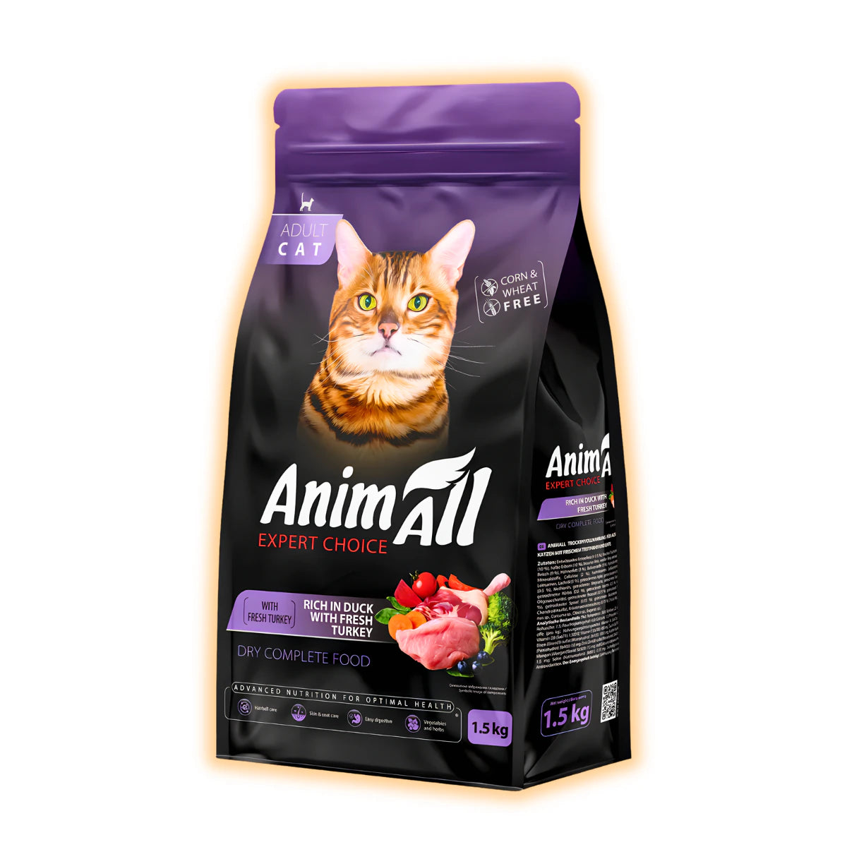 Повнораціонний сухий корм AnimAll для дорослих котів, зі свіжою індичкою та качкою, 1.5 кг - pawow.com.ua
