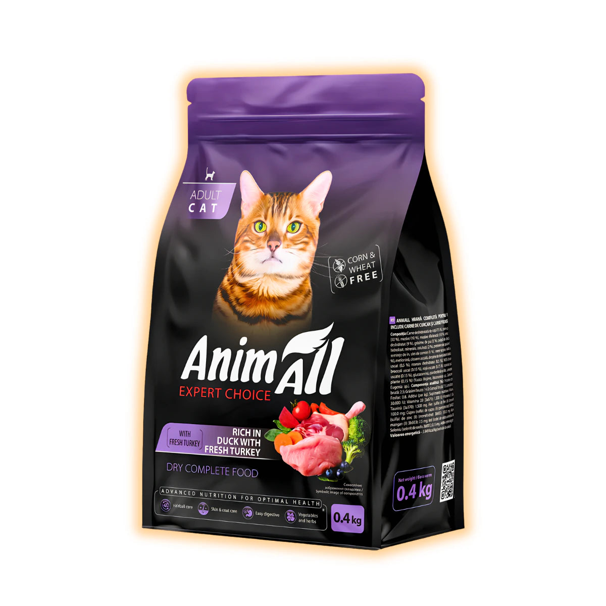 Повнораціонний сухий корм AnimAll для дорослих котів, зі свіжою індичкою та качкою, 400 г - pawow.com.ua