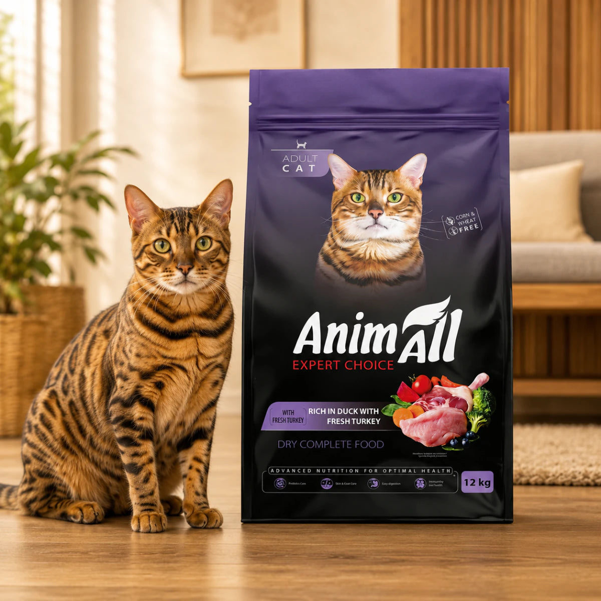 Повнораціонний сухий корм AnimAll для дорослих котів, зі свіжою індичкою та качкою, промофото - pawow.com.ua