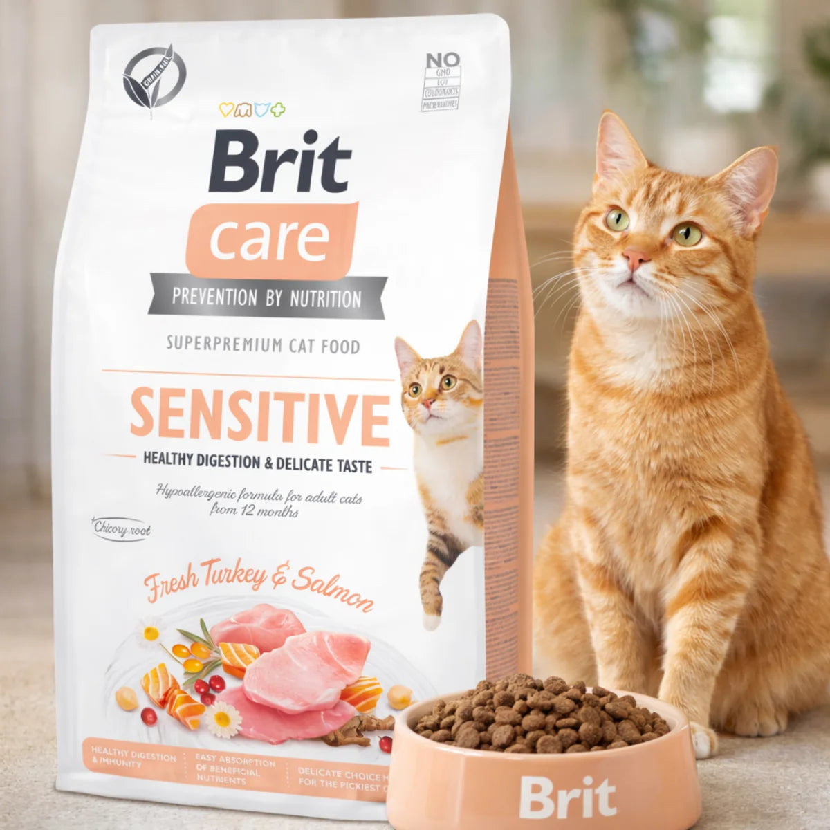 Сухий корм для котів Brit Care Cat Grain Free Sensitive Health Digestion & Delicate Taste - індичка та лосось, промофото - pawow.com.ua