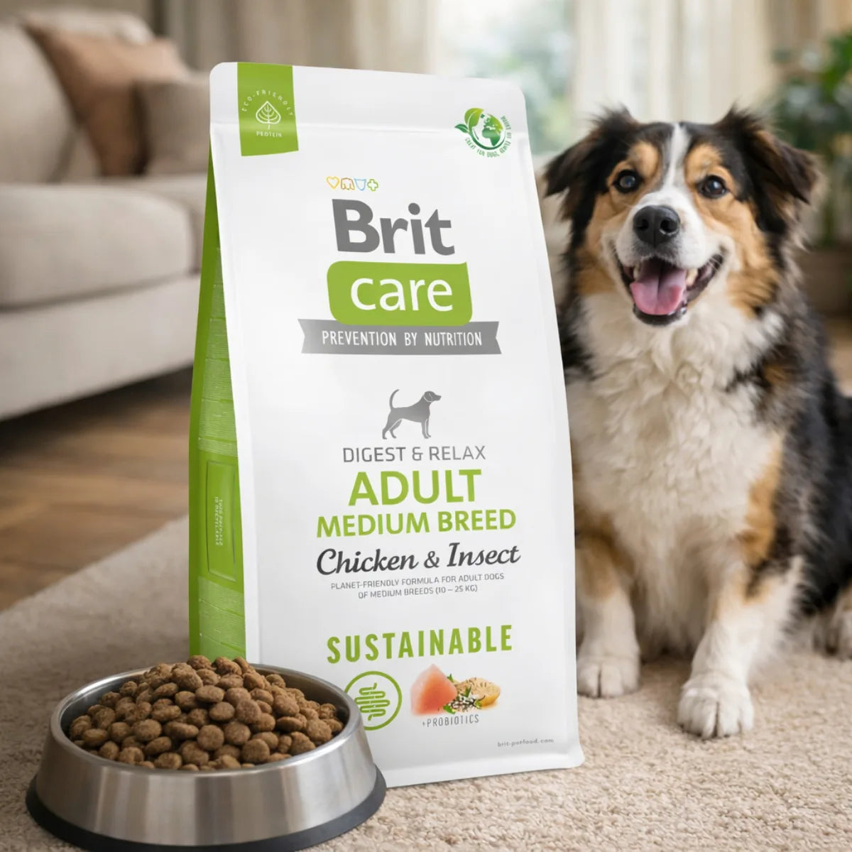 Cухий корм для собак Brit Care Digest and Relax Medium Breed Adult - курка та комахи, промофото - pawow.com.ua