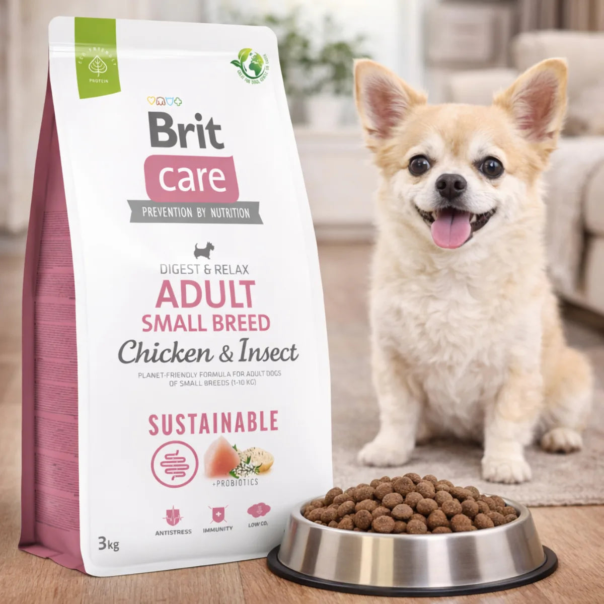 Brit Care Digest and Relax Sustainable Small Breed Adult сухий корм для собак - курка та комахи, промофото - pawow.com.ua