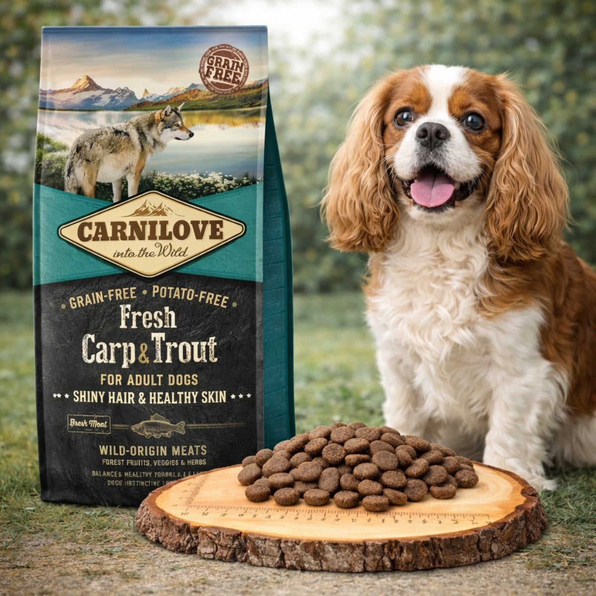 Cухий корм для собак Carnilove Fresh Shiny Hair & Healthy Skin All Breed Adult - короп та форель, промофото - pawow.com.ua