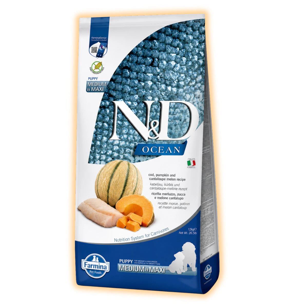 Беззерновий сухий корм Farmina N&D Grain Free Ocean Pumpkin для цуценят середніх і великих порід з тріскою та динею 12 кг - pawow.com.ua