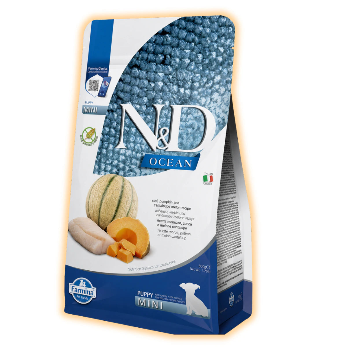 Беззерновий сухий корм Farmina N&D Grain Free Ocean Pumpkin для цуценят дрібних порід з тріскою та динею 800 г - pawow.com.ua