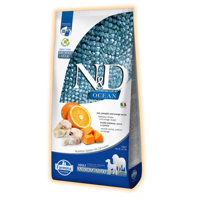 Беззерновий сухий корм Farmina N&D Grain Free Ocean Pumpkin для собак середніх і великих порід з тріскою та апельсином 12 кг - pawow.com.ua