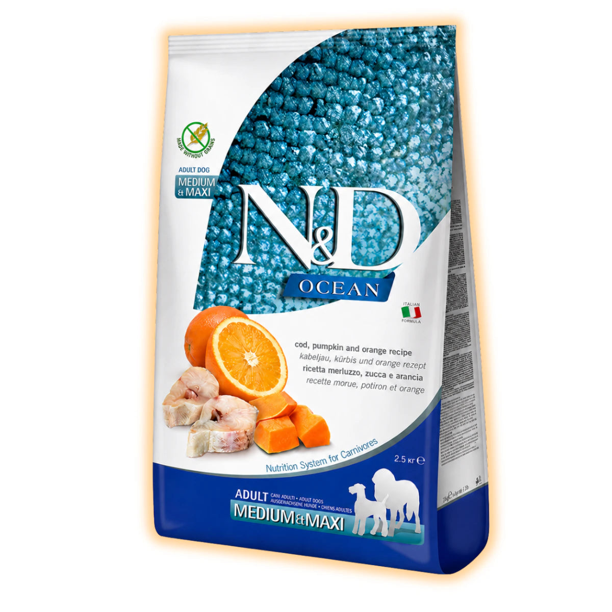 Беззерновий сухий корм Farmina N&D Grain Free Ocean Pumpkin для собак середніх і великих порід з тріскою та апельсином 2.5 кг - pawow.com.ua