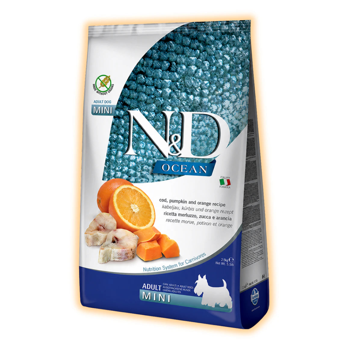 Беззерновий сухий корм Farmina N&D Grain Free Ocean Pumpkin для собак дрібних порід з тріскою та апельсином 2,5 кг - pawow.com.ua