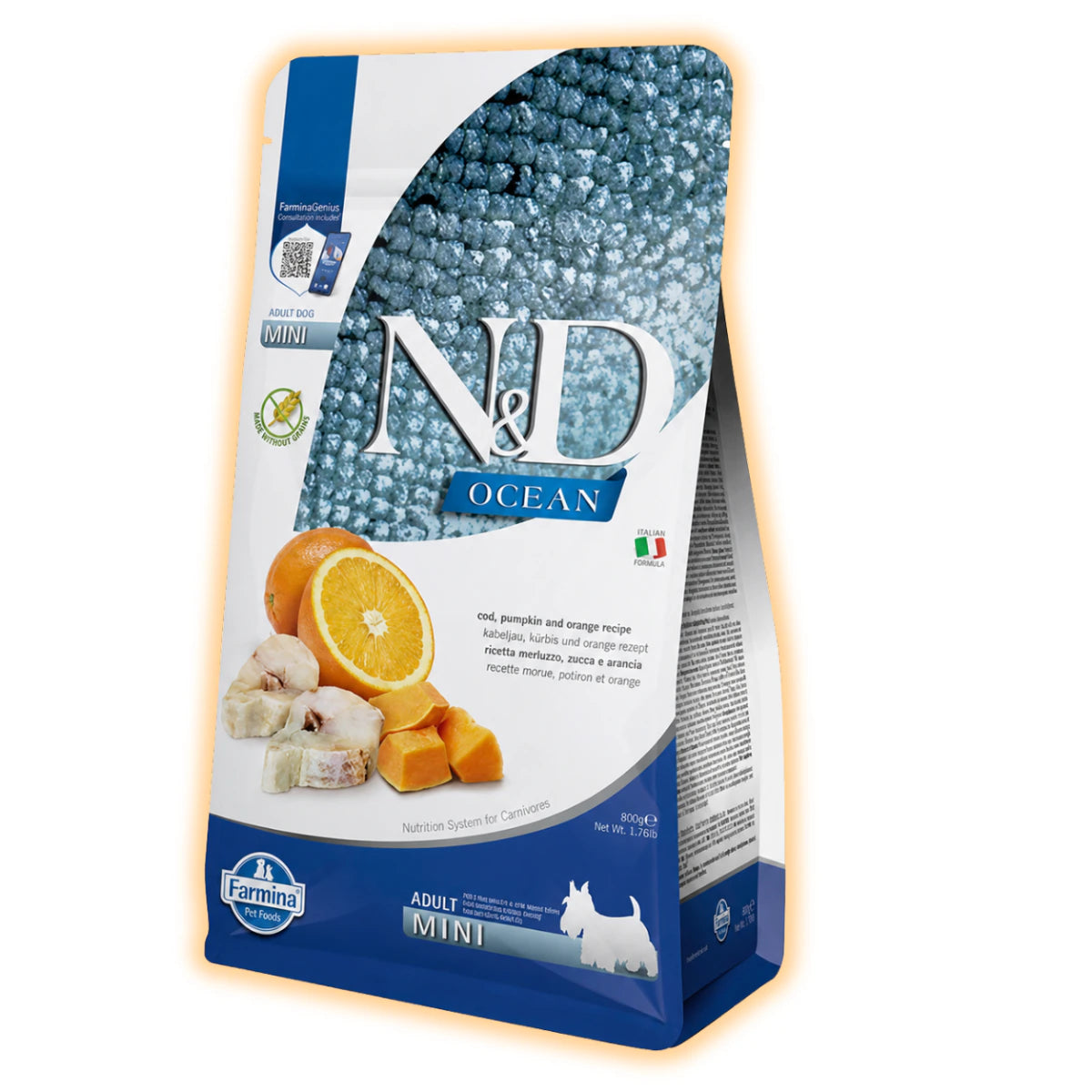 Беззерновий сухий корм Farmina N&D Grain Free Ocean Pumpkin для собак дрібних порід з тріскою та апельсином 800 г - pawow.com.ua