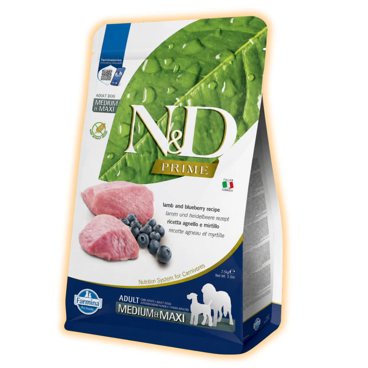 Фарміна дог сух N&D PRIME DOG LAMB & BLUEBERRY ADULT MEDIUM & MAXI з ягням та чорницею, 2,5 кг - pawow.com.ua